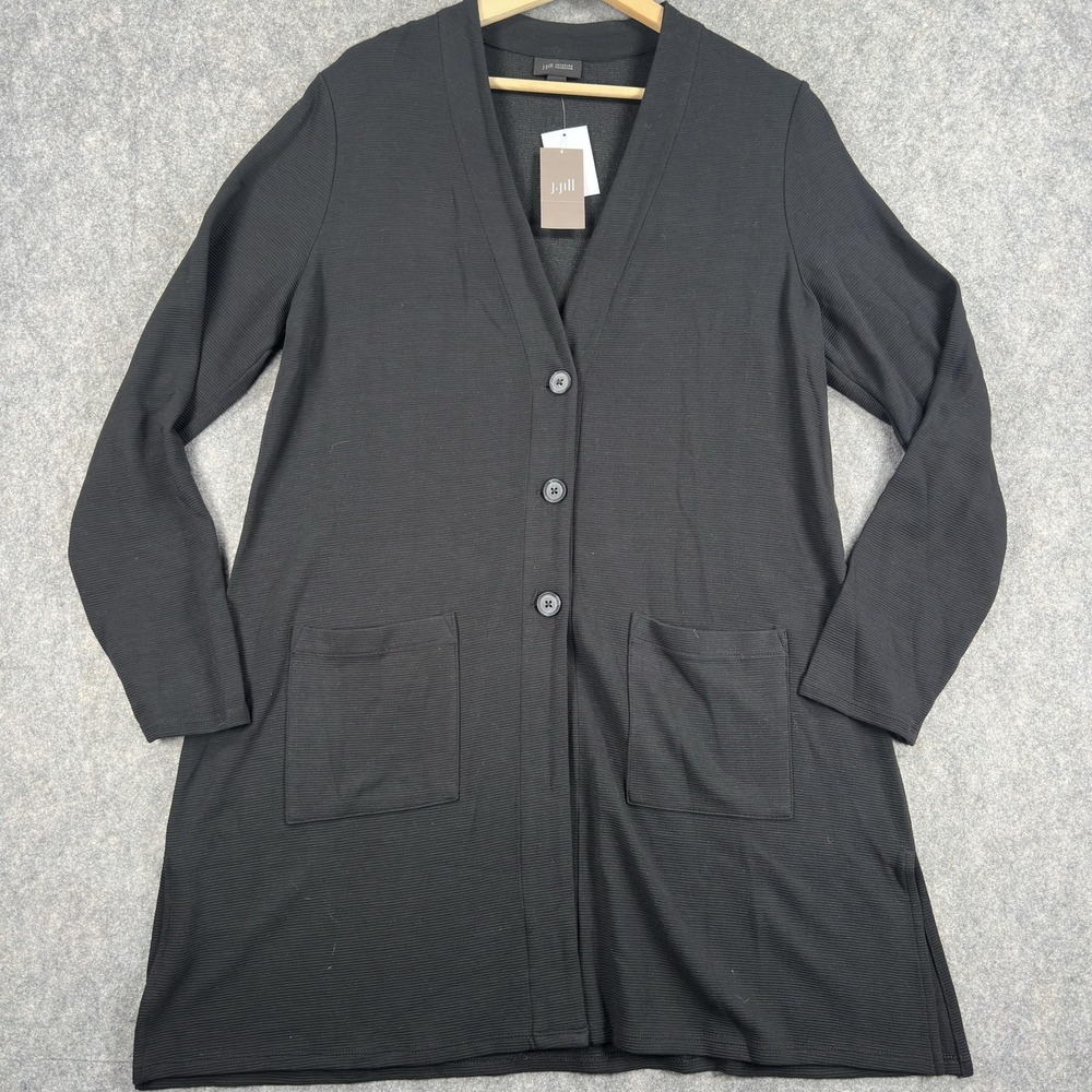 J. Jill Cardigan Sweater Womens Medium Black Rayon Blend V Neck Longline Pockets